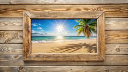 Rustic Wooden Frame Encapsulating a Vibrant Tropical Beach Scene with a Palm Tree and Sunny Sky