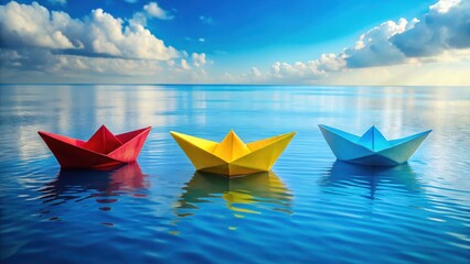 Three Colorful Paper Boats Afloat on Serene Waters Under a Bright Sky