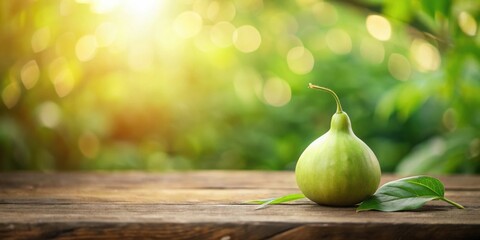 A Single Green Calabash on Rustic Wooden Table with Sunlight and Lush Foliage Background