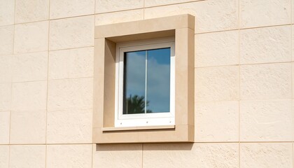 Beige stone wall with white window