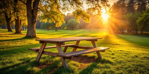 Serene Sunset Picnic Table in a Lush Green Meadow with Sunlight Rays