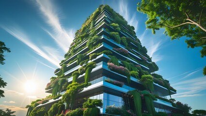 Futuristic green skyscraper covered in lush vegetation under a dramatic sky