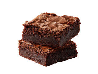 Two squares of rich, dark chocolate brownies, stacked