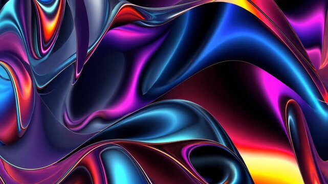 Vibrant morphing sculptures, 3D shapes transform fluidly in an array of colors with iridescent sheen, against a dark setting, symbolizing movement and dimension. Abstract 3d background