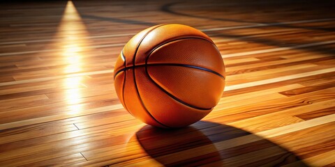 A lone basketball rests on a polished hardwood court, bathed in a single spotlight's warm glow, casting a dramatic shadow across the gleaming floor.