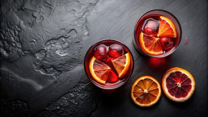 Refreshing Red Citrus Beverage with Ice Cubes on Dark Surface