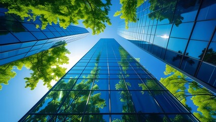 Modern glass skyscrapers reflecting green trees and blue sky