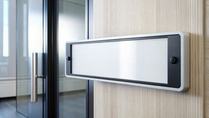 Modern Office Interior Detail Blank Rectangular Sign on Light Wood Paneling Next to Glass Door with Silver Handle