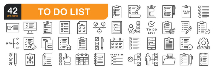 Set of line icons related to To Do List, Checklist, Plan, Task and more. Outline icons collection. Editable stroke. Vector illustration.