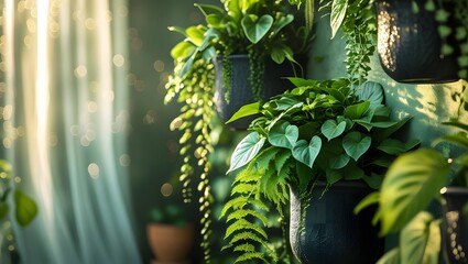 Lush green hanging plants illuminated by soft sunlight creating a tranquil indoor garden atmosphere
