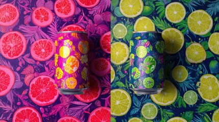 Two designs of soda cans with fruit and lime patterns on colorful backgrounds, featuring vivid colors and product photography. 
