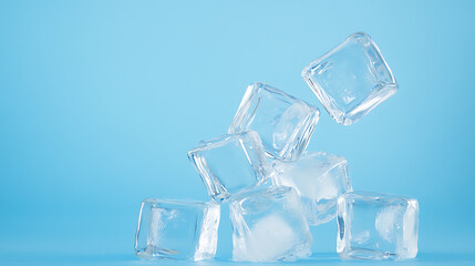 Obraz premium A pile of ice cubes, some melting, sits against a vibrant blue background, giving a sense of refreshing coolness and crystalline simplicity.
