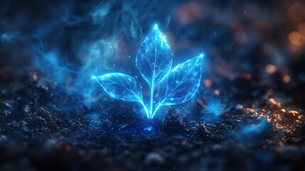 Glowing leaves sprout from dark soil