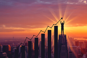 Silhouette of a businessman reaching the top of a growing financial graph at sunset