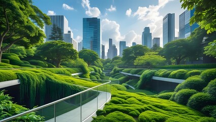 Futuristic green city with lush vegetation and modern skyscrapers