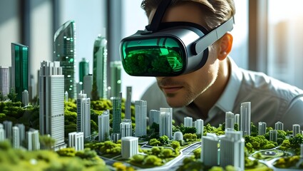 Man wearing vr headset exploring futuristic city model with green buildings