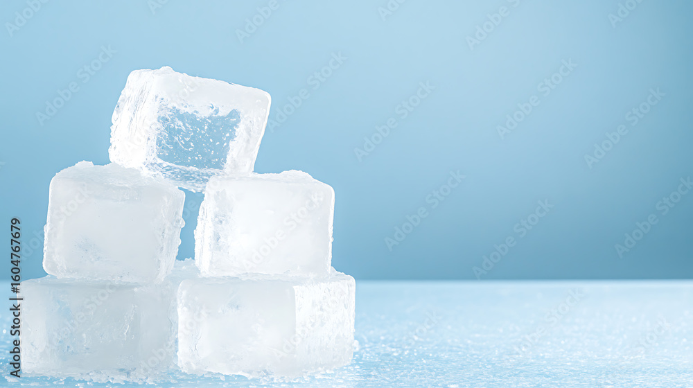 Poster stack of ice cubes: a refreshing still life of stacked ice cubes against a cool blue backdrop, perfe