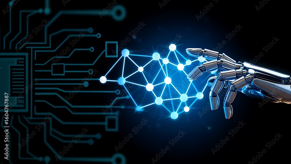 Aufkleber robotic hand interacting with glowing digital network on a circuit board background