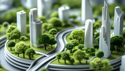Futuristic eco city with green buildings and winding roads