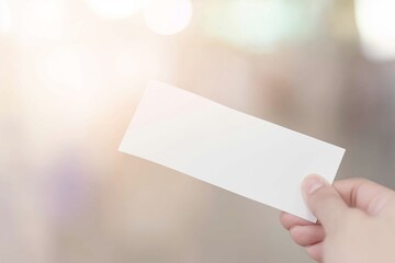 Hand holding blank white ticket mockup with soft bokeh background - perfect template for event passes, vouchers, business cards, and promotional materials