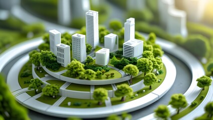 Futuristic eco city model with green buildings and lush trees