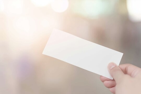 Hand holding blank white ticket mockup with soft bokeh background - perfect template for event passes, vouchers, business cards, and promotional materials