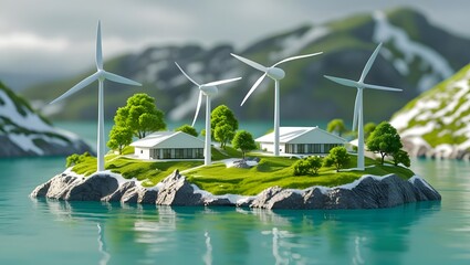 Sustainable island with wind turbines and eco friendly homes powered by renewable energy