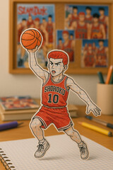 Naklejka premium A paper cut-out character made from squared math exercise book paper, designed in the likeness of Sakuragi Hanamichi from 'Slam Dunk', posed as a basketball player in mid-action