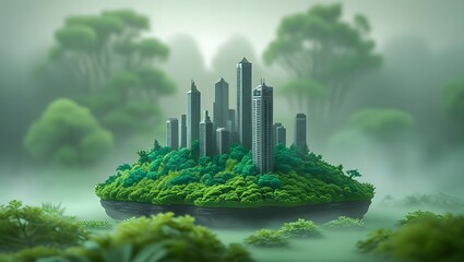 Futuristic eco city on a floating island surrounded by lush green forest and mist