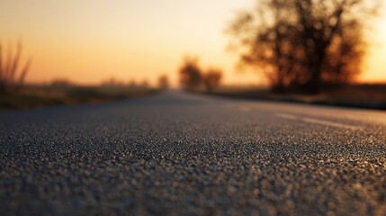 Fototapeta premium The winding road leading into a serene sunset landscape with distant trees.