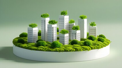 Futuristic eco cityscape with green buildings and lush vegetation