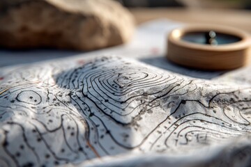 Detailed Topographic Map with Contours, Compass, and Natural Elements for Outdoors Exploration and Adventure Planning in a Scenic Setting