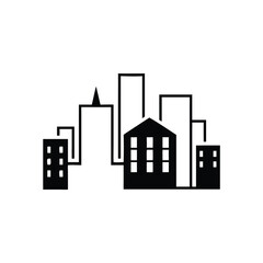 Fototapeta premium Black silhouette shows minimalist cityscape with building and skyscraper set against a transparent background