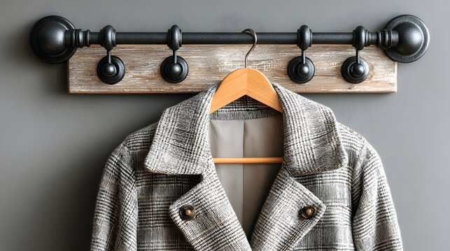 A grey plaid coat hangs on a rustic wooden wall hook.