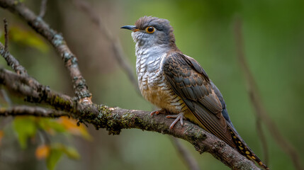 Fototapeta premium A common cuckoo perched on a branch with a blurred green background in a natural outdoor setting