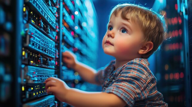 A young child wearing a plaid shirt, standing in front of a row of computer servers in a data center, with a focused expression on their face. - Powered by Adobe