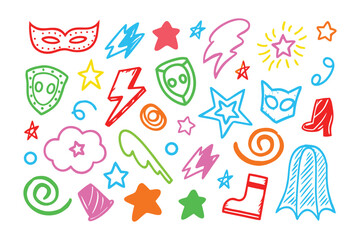 Whimsical Superhero Elements: A vibrant collection of hand-drawn superhero-themed icons, with splashes of color that will surely delight the eyes and stimulate the imagination.