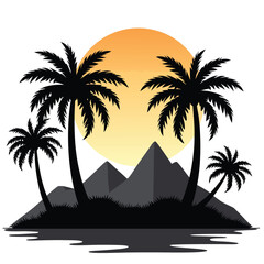 Tropical island oasis with palm trees and pyramids at sunset vector