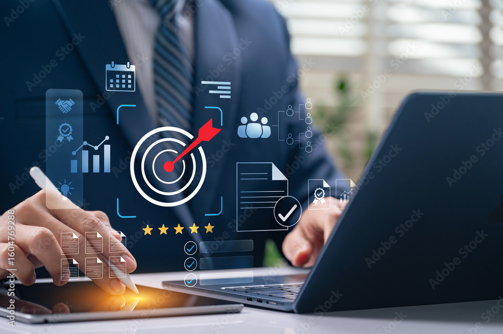 Poster goal setting and project management. businessman working on data analytics, planning strategy, kpi t