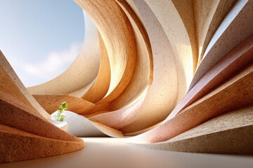 Abstract architectural design featuring flowing curves, soft textures, and natural colors in a surreal landscape that invites exploration and creativity