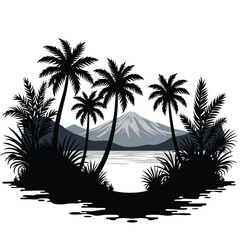 Tropical island paradise with palm trees and mountain vector