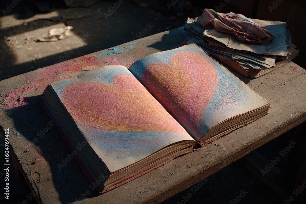 Poster colorful heart artwork in an open book resting on a wooden table in a rustic setting with scattered 