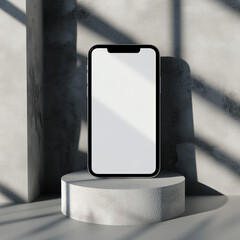 Photorealistic mockup of a modern smartphone standing upright on a round concrete pedestal. The background features soft natural shadows on a textured wall, ideal for branding,app design.