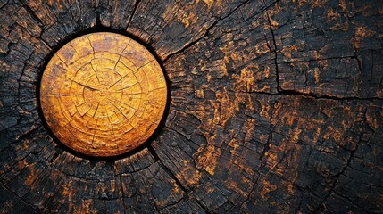 Obraz premium A wooden stump with a circular cutout in the center, emitting a warm, golden glow, set against a dark, textured background.