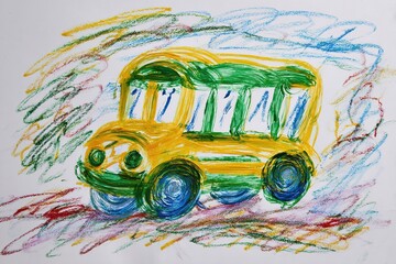 Colorful drawing of a playful school bus in vibrant crayons made by a child
