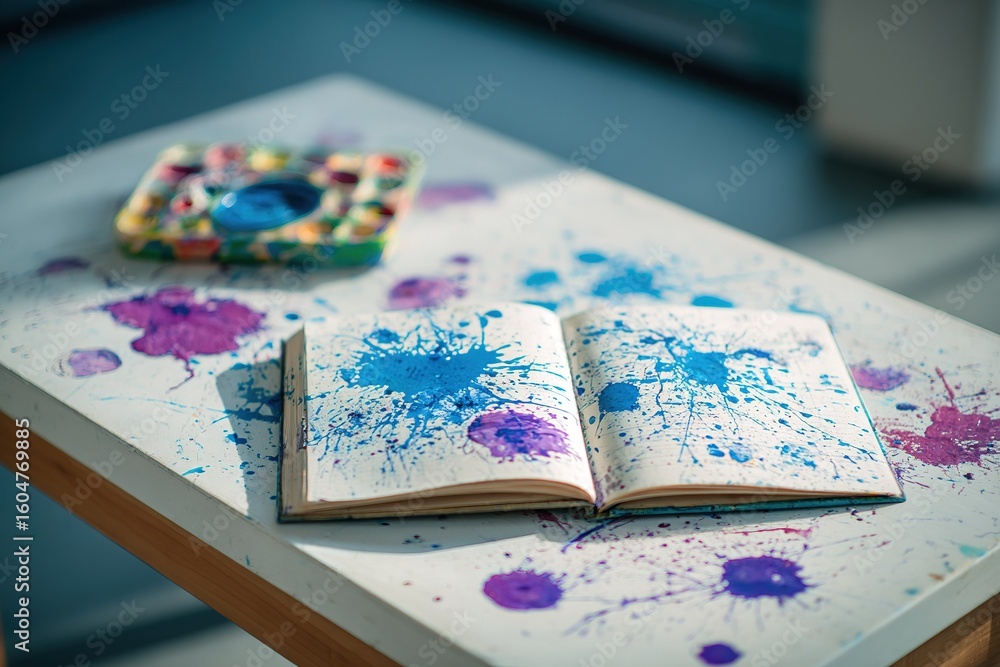 Aufkleber creative workspace with an open sketchbook covered in colorful paint splatters on a sunlit table