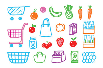 Grocery Shopping Essentials Illustration: A colorful illustration of grocery essentials, including fruits, vegetables, shopping cart, shopping basket and grocery bag, designed for visual appeal