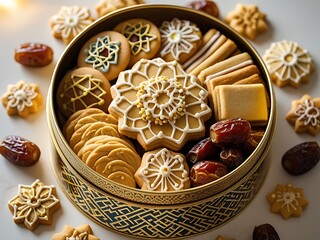 Festive cookies with dates, and gold tin.