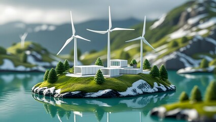 Futuristic sustainable island with wind turbines and modern architecture