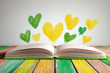 Creative representation of an open book with heart illustrations on a colorful wooden surface